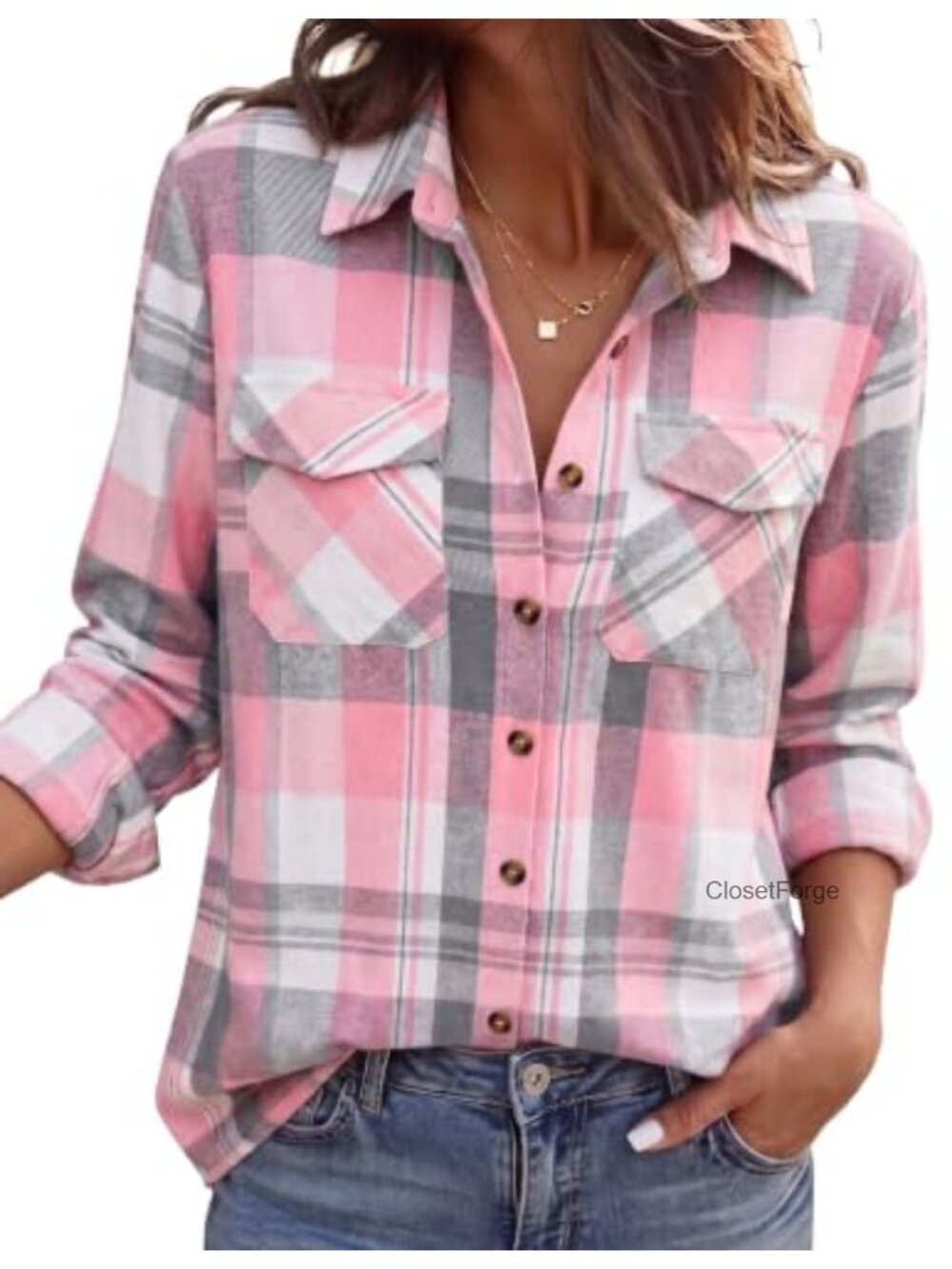 Women's Lightweight Plaid Flannel Button Down Shirt Long Sleeve Cotton Blend